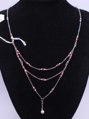 925 Sterling Silver Multi-Layer Genuine Pearl and Ruby Beaded Pendant Necklace